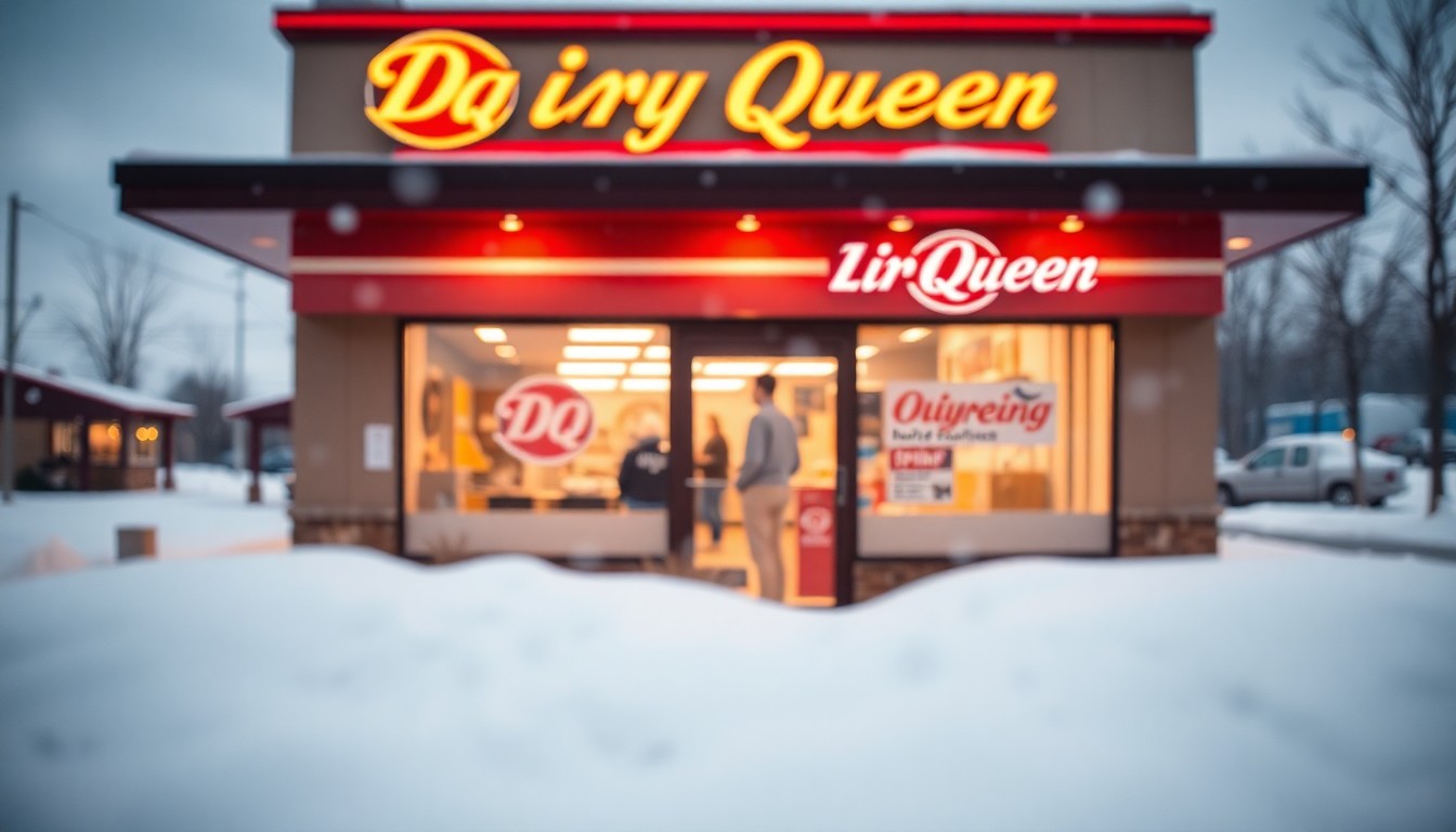 An out-of-focus photograph of a Dairy Queen storefront in Moorhead, Minnesota, with warm pools of light and color reflecting off the snowy landscape, capturing the cozy, inviting atmosphere of the annual spring opening.