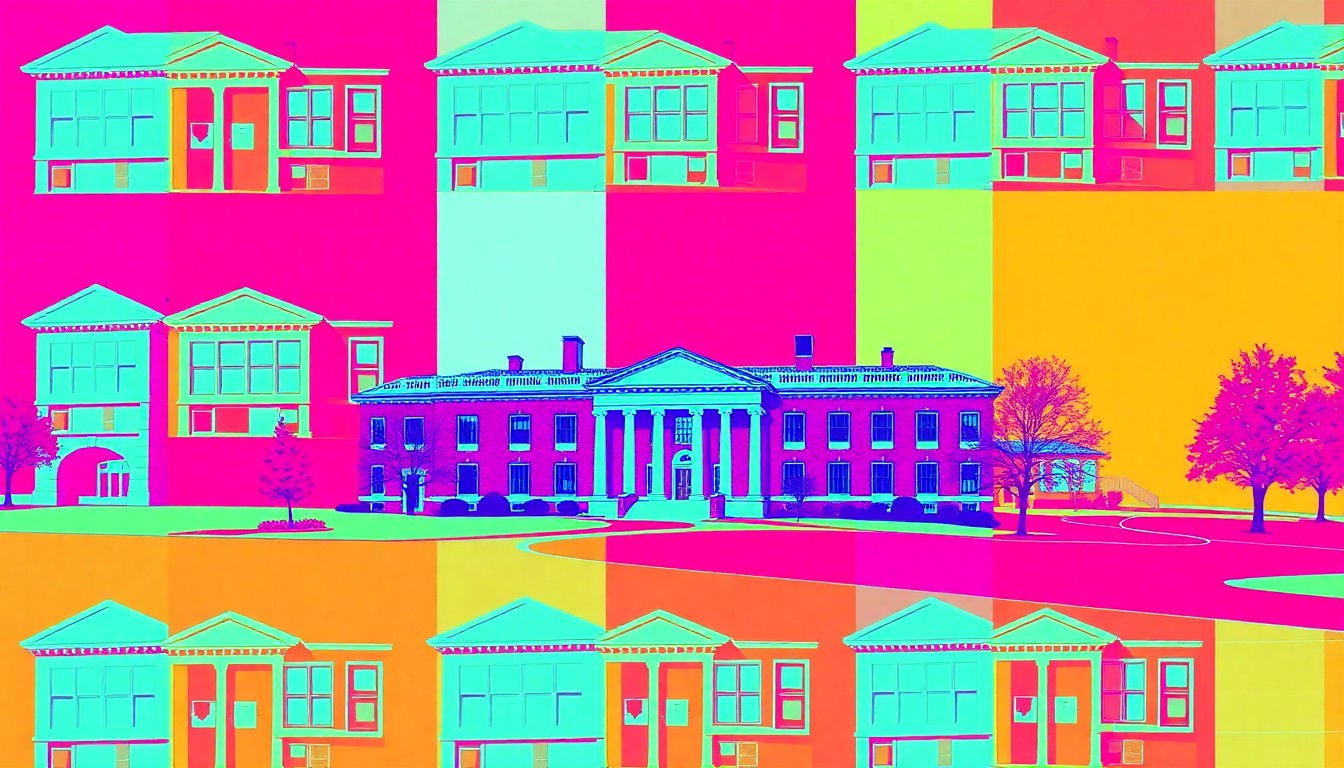 A brightly colored, high-contrast silkscreen print of a university campus building, such as an administration building or library, repeated in a tight grid pattern in the style of Andy Warhol. The image utilizes flat, vibrant, and unnatural neon color palettes overlapping with heavy black photographic outlines to turn the everyday campus architecture into modern pop art.