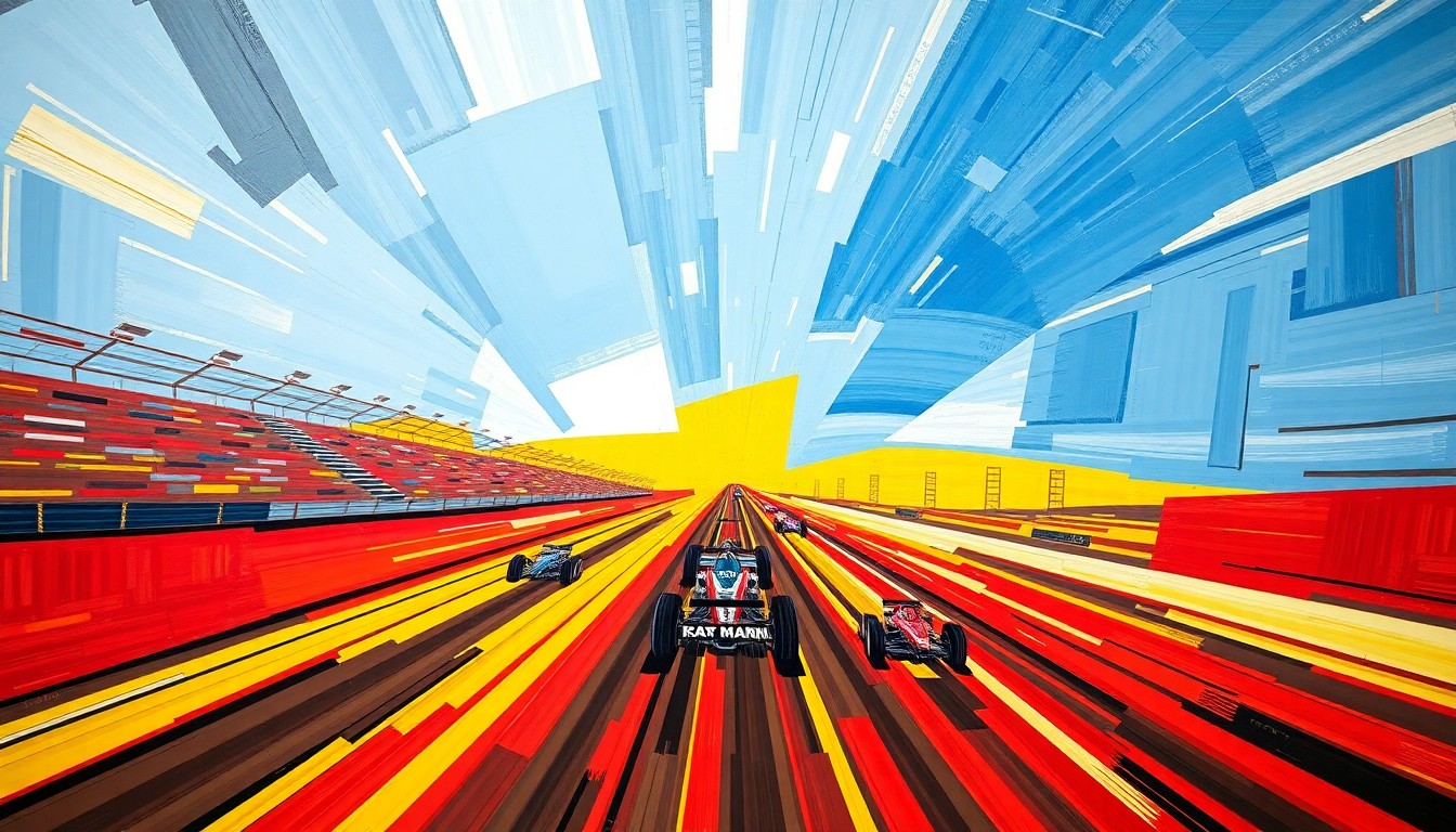 A cubist-style painting depicting an NHRA race, with the cars and track broken down into sharp, overlapping geometric shapes in a vibrant color palette of red, yellow, and blue, capturing the dynamic energy and motion of the event.