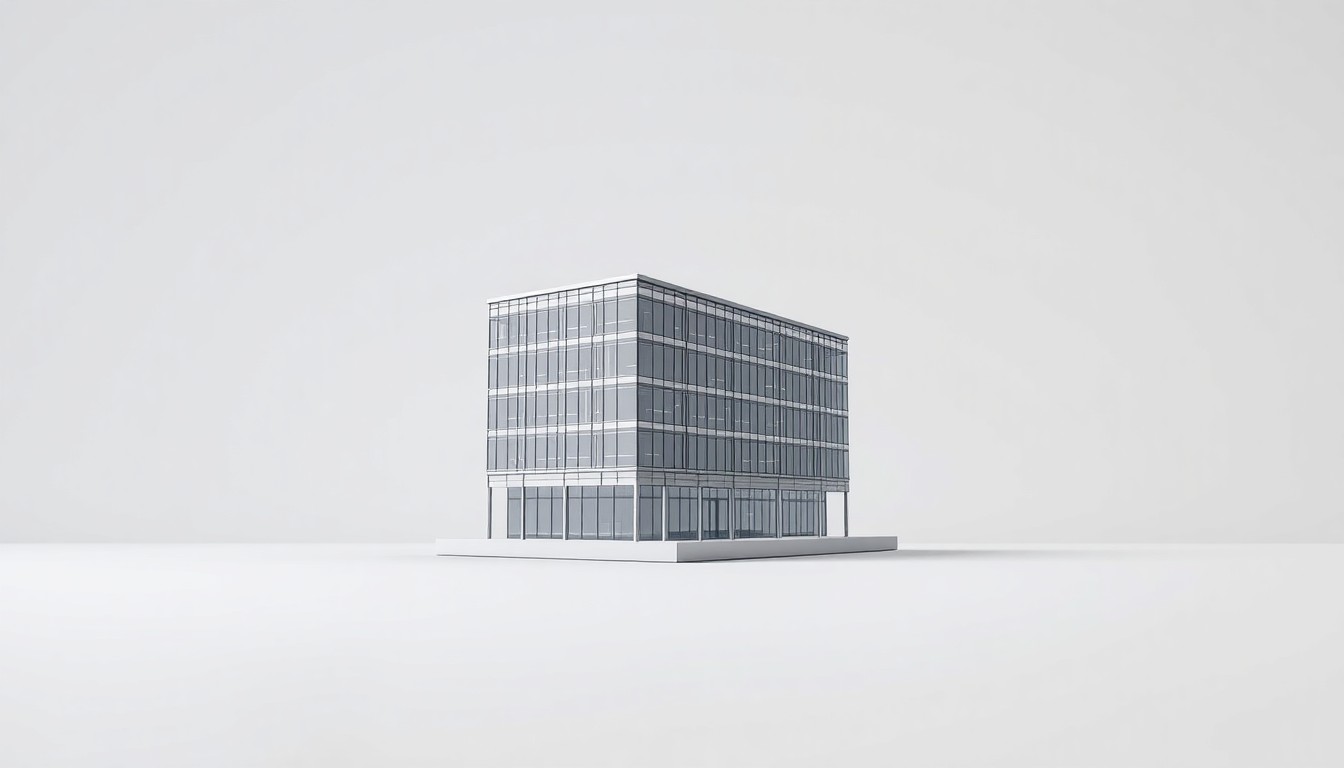 A minimalist, photorealistic studio still life photograph featuring a sleek, modern architectural model of a corporate office building in polished metal and glass, floating on a clean, monochromatic background, conceptually representing the new CSA Group headquarters in Brecksville's Valor Acres development.