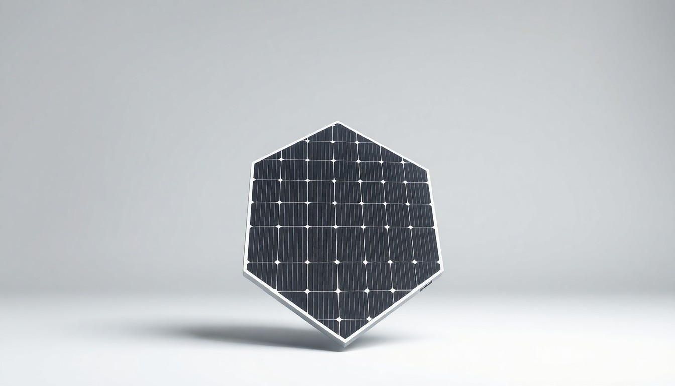 A highly detailed, photorealistic studio photograph of a sleek, geometric solar panel component floating on a plain, white background, symbolizing Tesla's ambitious goals for solar energy production.