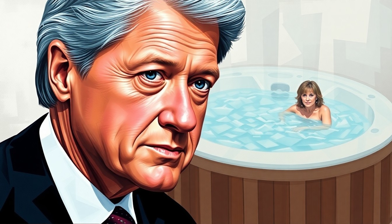 A fractured, abstract painting depicting Bill Clinton's face overlaid with a hot tub and an unidentified woman, symbolizing the controversy surrounding his deposition and relationship with Jeffrey Epstein.