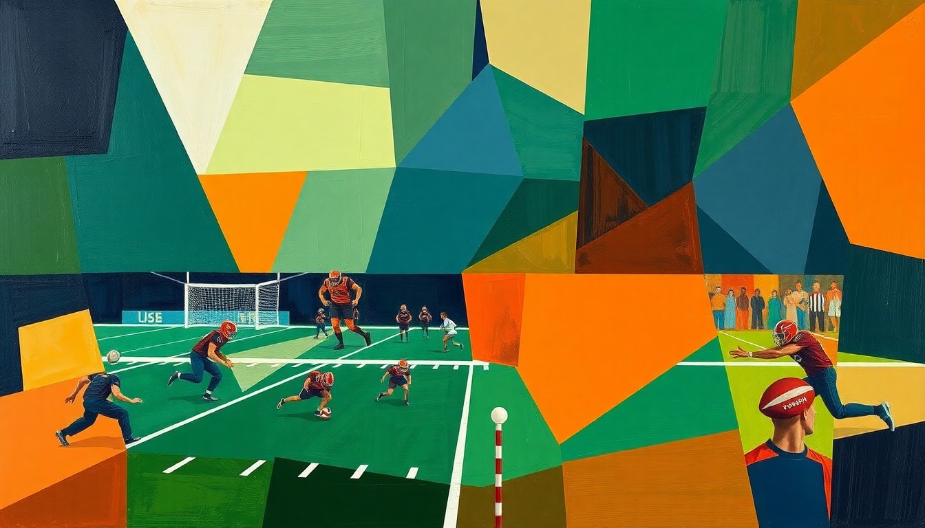 A fractured, cubist-style painting depicting a football game or practice, with sharp geometric shapes in navy, green, and orange overlapping to create a dynamic, abstract representation of the action on the field.