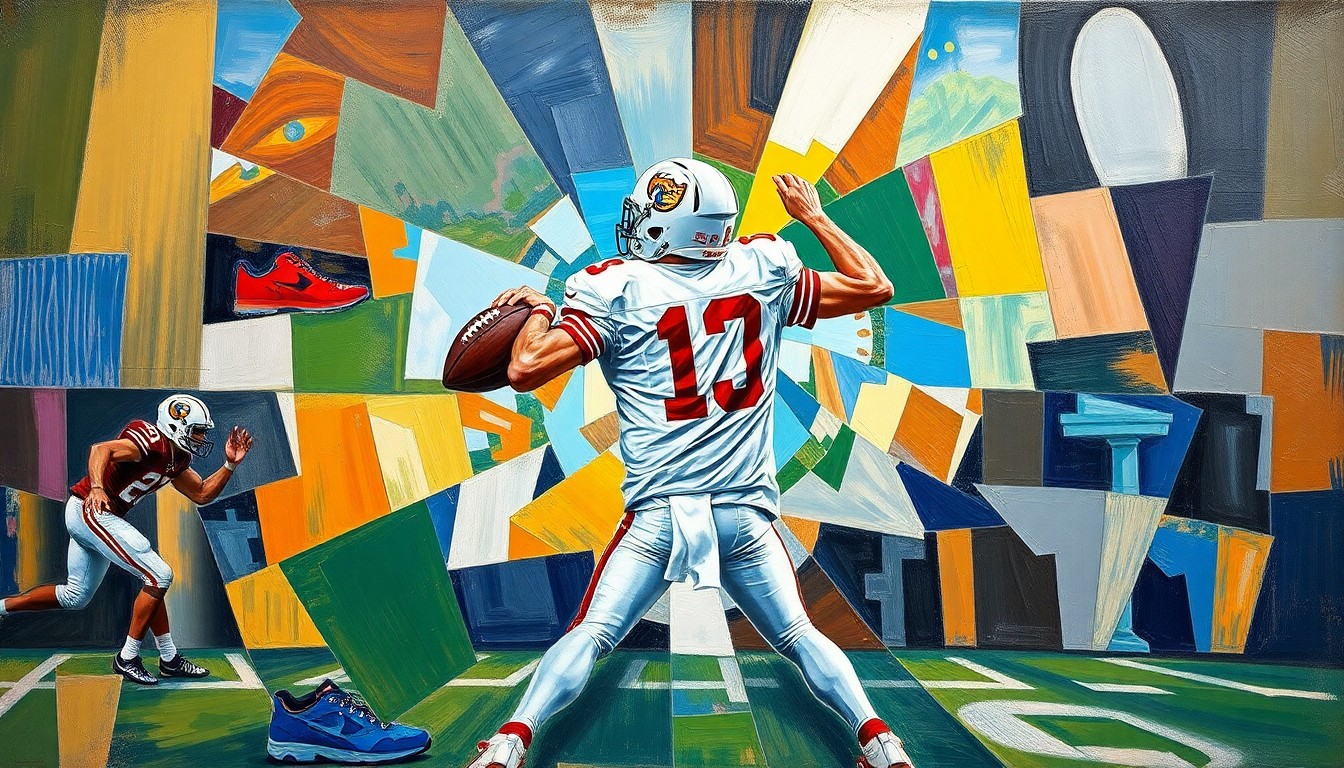 A cubist-style painting depicting a college football quarterback dropping back to pass, with the figure broken down into sharp, overlapping geometric shapes and planes in a fractured, multi-perspective composition.