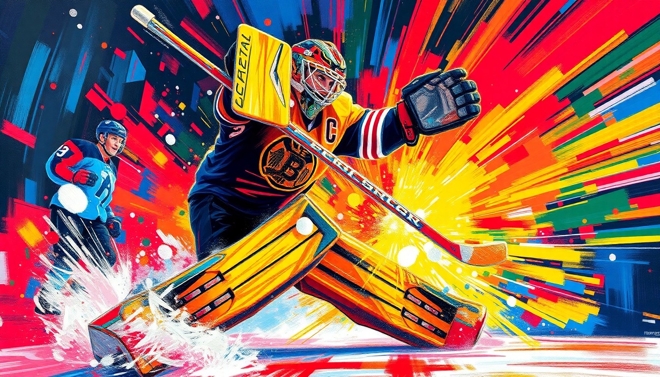 A vibrant, energetic painting depicting a hockey goaltender making a series of dramatic saves, with the ice and arena blurring into a swirl of neon colors and expressive brushstrokes, capturing the intensity and excitement of the moment.