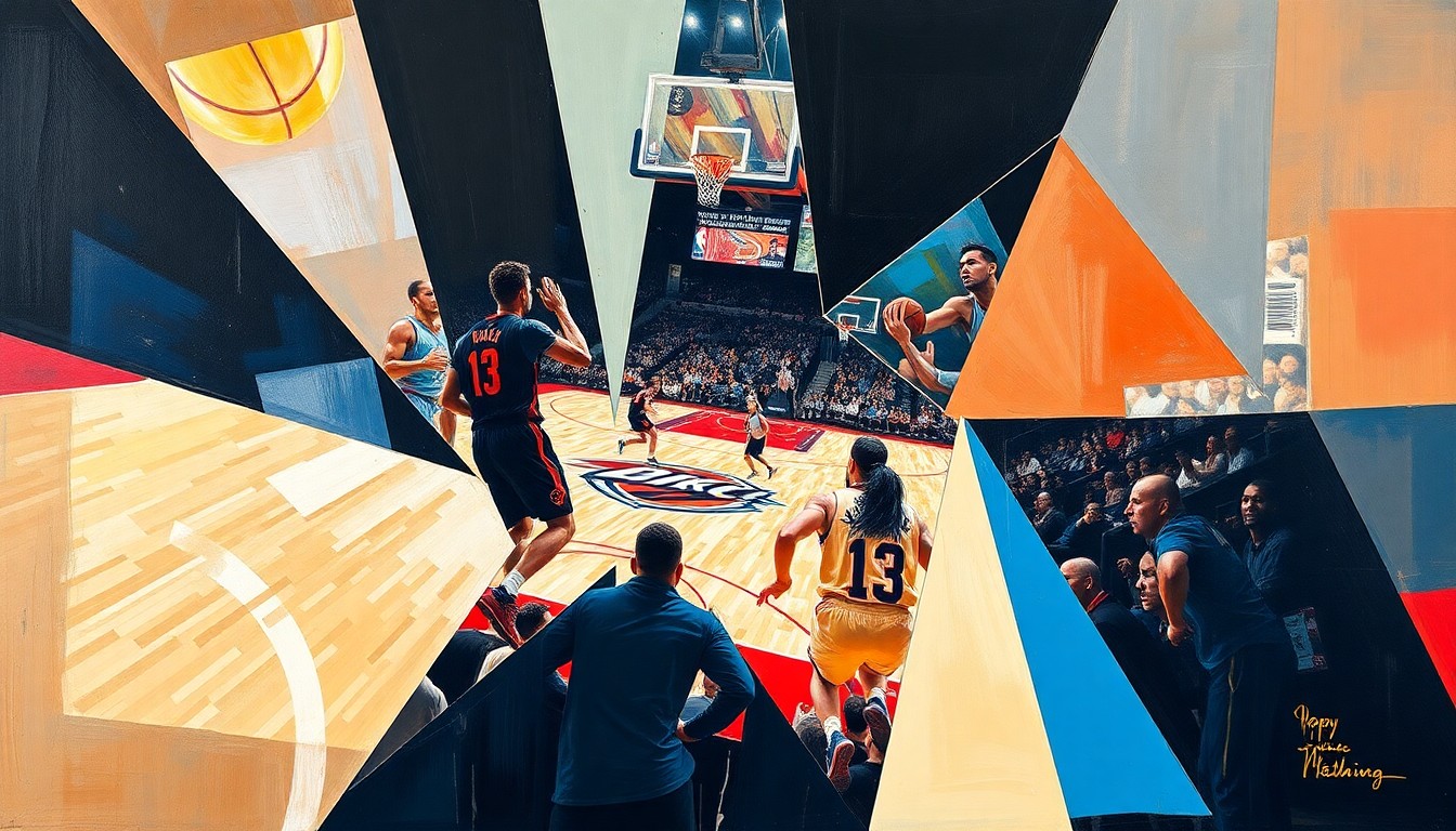 A fractured, multi-perspective painting in a cubist style, breaking down a basketball game between the Toronto Raptors and Oklahoma City Thunder into sharp, overlapping geometric planes that capture the players' movements and the court's energy in an abstract, deconstructed composition.