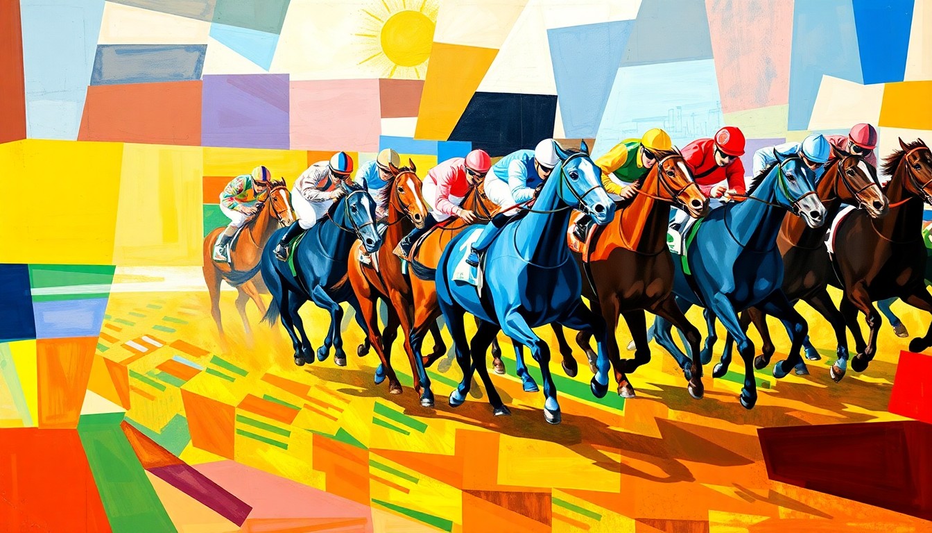 A cubist-style painting depicting a horse race, with the horses and jockeys broken down into sharp, overlapping geometric shapes in a vibrant color palette, capturing the energy and intensity of the competition.
