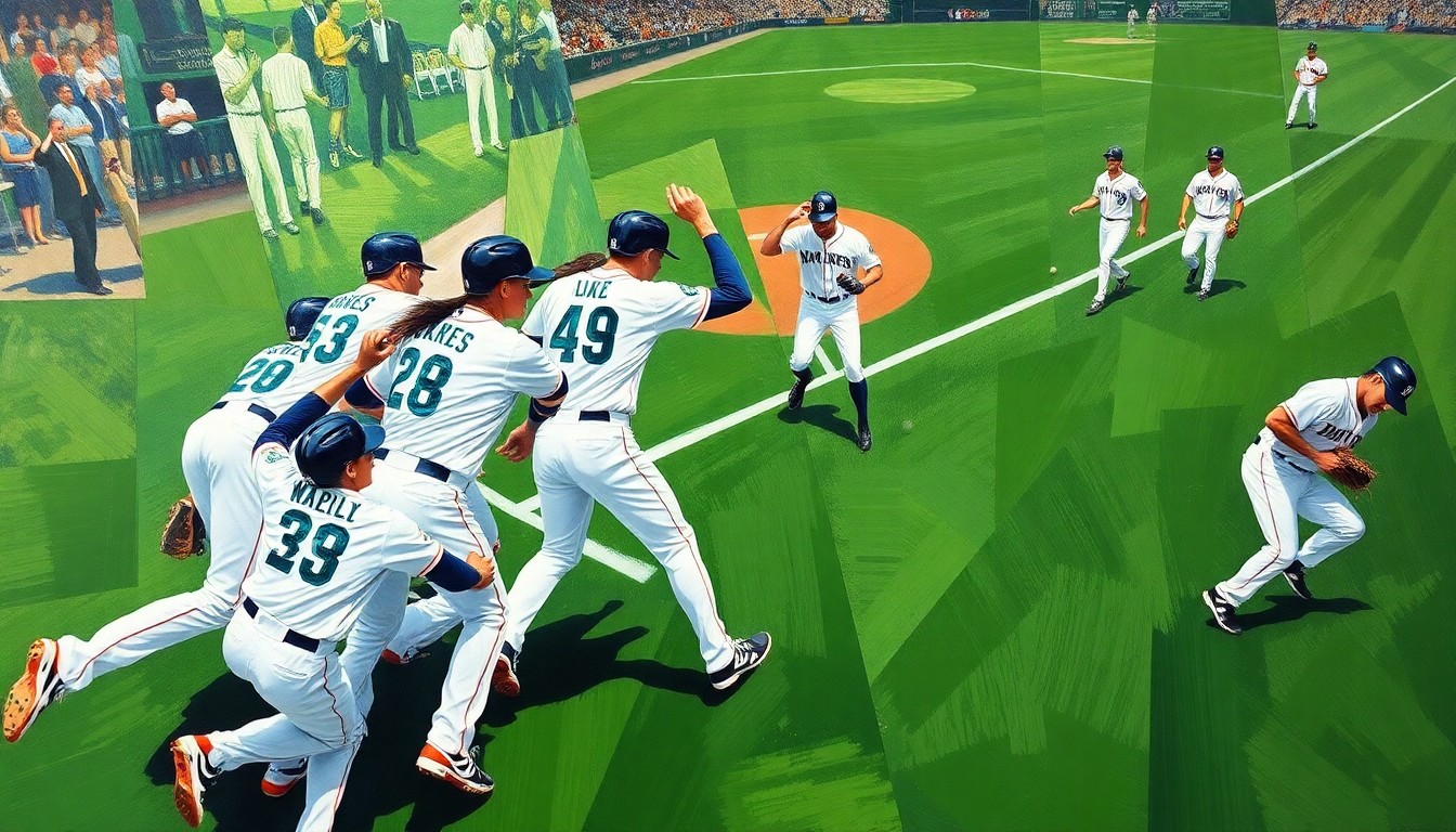 A cubist, geometric painting depicting the final moments of a baseball game, with players' bodies and the field of play fragmented into sharp, overlapping planes of color, capturing the energy and drama of the walk-off victory.