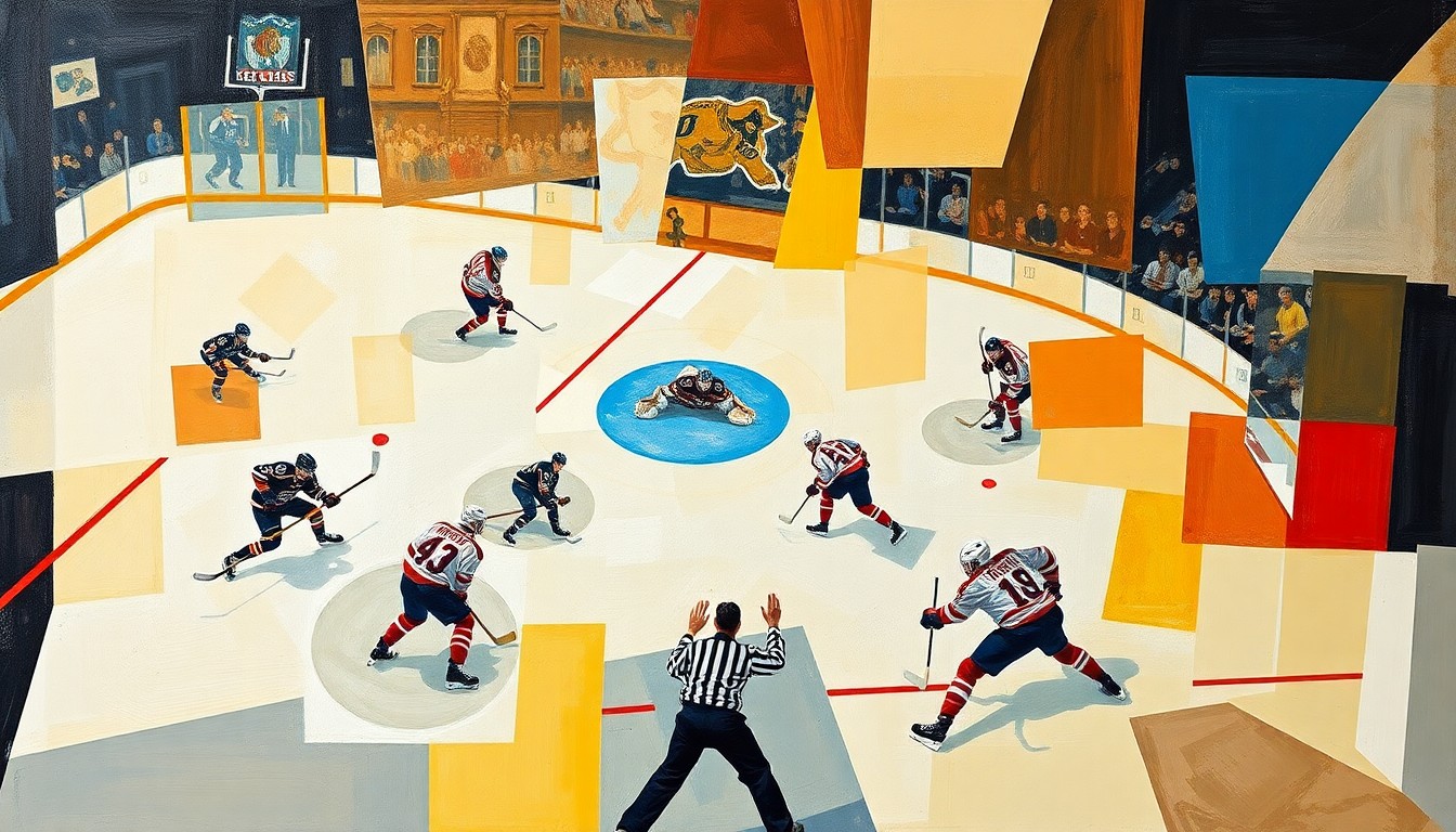 A cubist-style painting depicting a hockey game, with the players and the ice broken down into sharp, overlapping geometric shapes and planes, conveying the dynamic and shifting nature of the lineup changes.