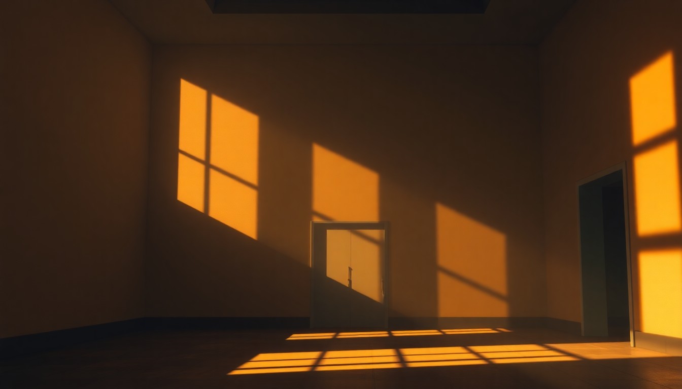 A serene, cinematic painting of a UN agency office space with warm lighting and deep shadows, conveying a sense of contemplation on the violations of international humanitarian law in the ongoing Middle East conflict.