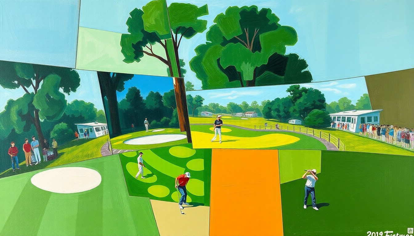 A fragmented, geometric painting depicting a golf tournament scene, with sharp planes of color and overlapping perspectives, conveying the dynamic energy and high-stakes drama of the event.