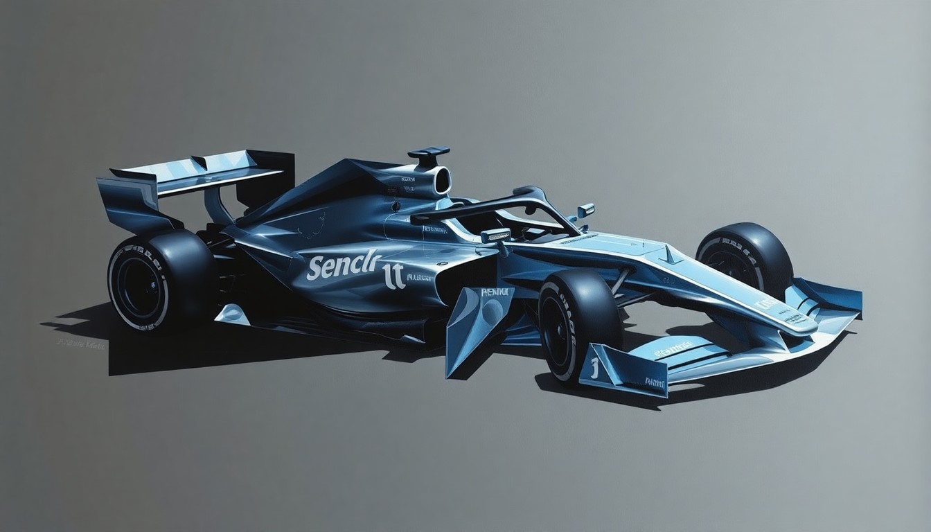 A cubist-style painting depicting a Formula 1 car broken down into sharp, overlapping geometric shapes in shades of grey, silver, and blue, conceptually representing Williams' struggle to adapt to the 2026 regulations.