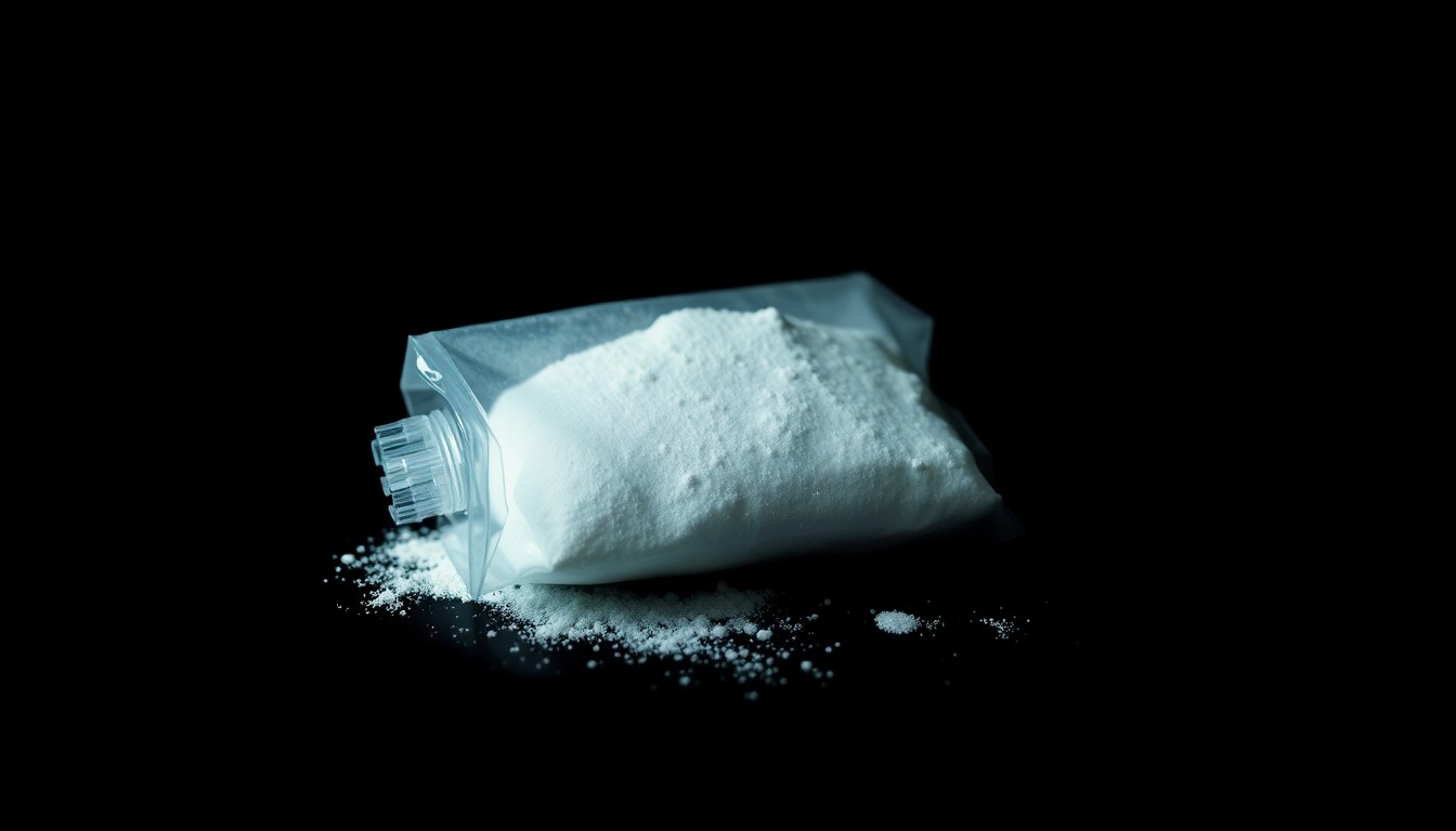 An extreme close-up photograph of a small plastic bag containing white powder, lit by a harsh, direct camera flash against a pitch-black background, conceptually illustrating the drug trafficking charges in this case.