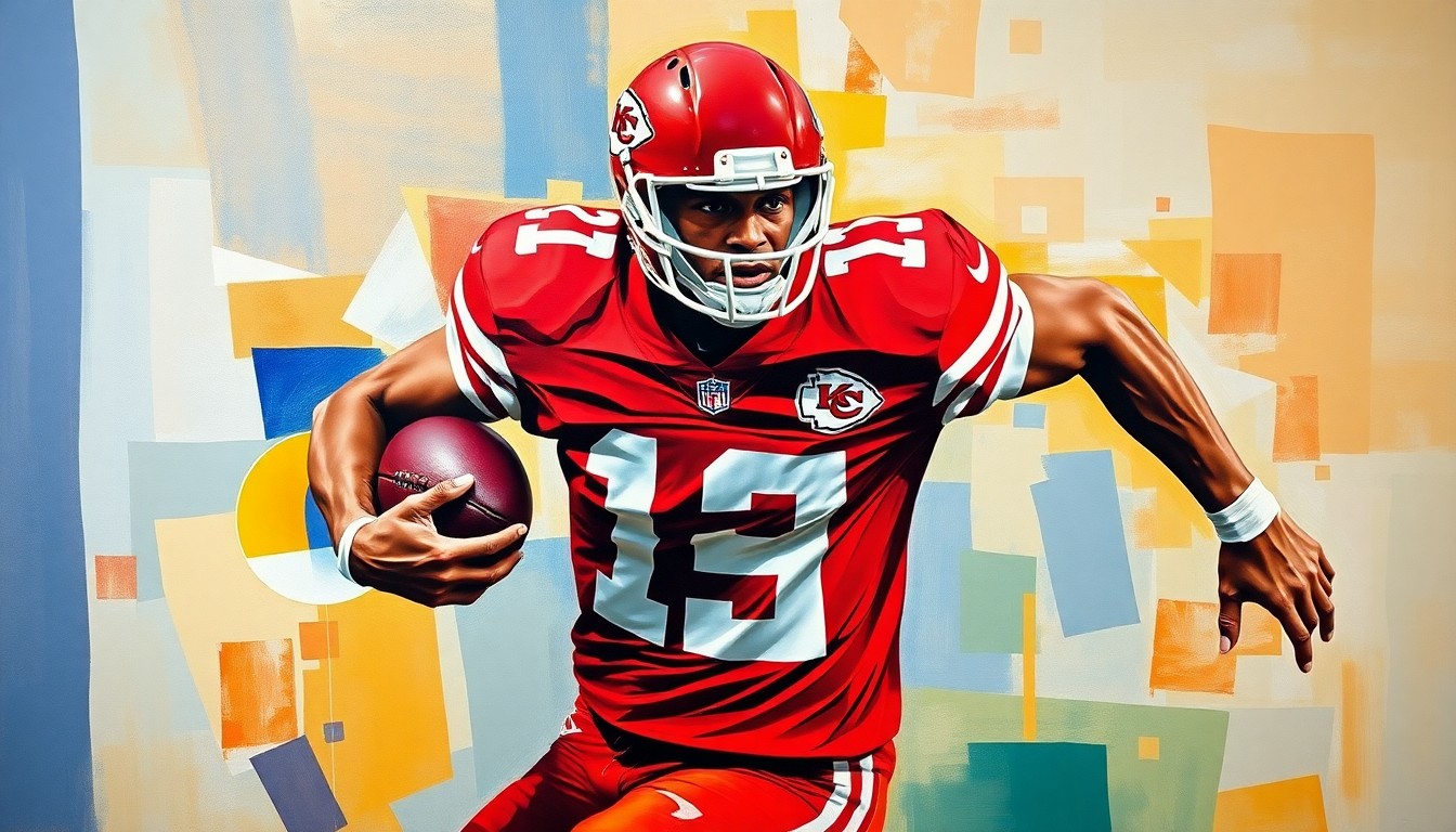 A fractured, cubist-style painting depicting a football player in motion, with sharp, overlapping geometric planes in the colors of the Kansas City Chiefs, conceptually representing the complexity of Mahomes' recovery process.