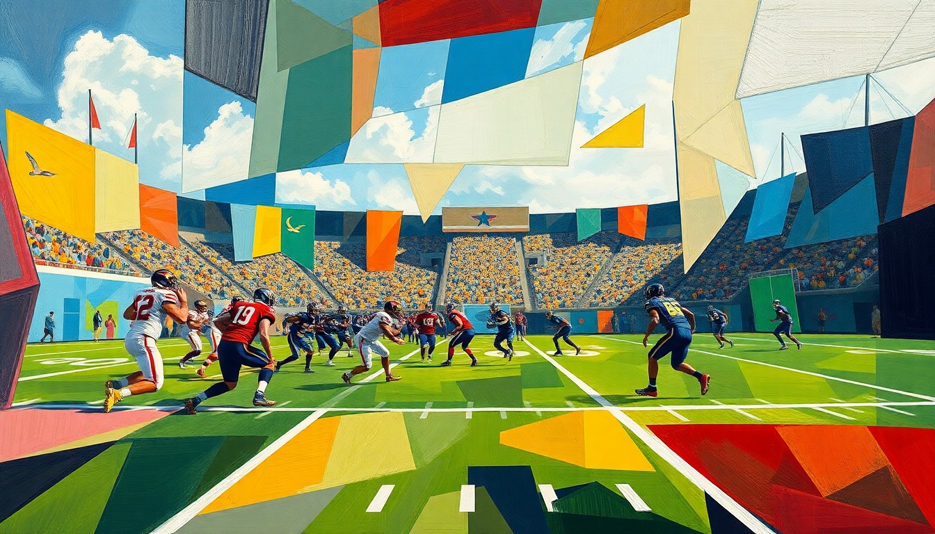 A fragmented, geometric painting depicting the dynamic movements and energy of a football practice, with players and field deconstructed into abstract shapes and planes of color.