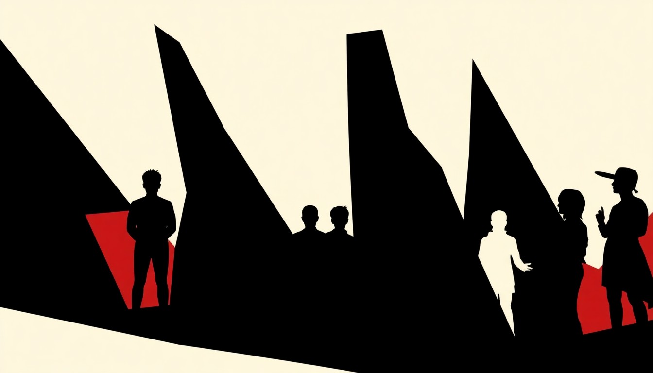 A minimalist, abstract illustration featuring bold, jagged shapes and silhouettes in high-contrast colors, representing the diverse global representation in the 2026 Oscar nominations.