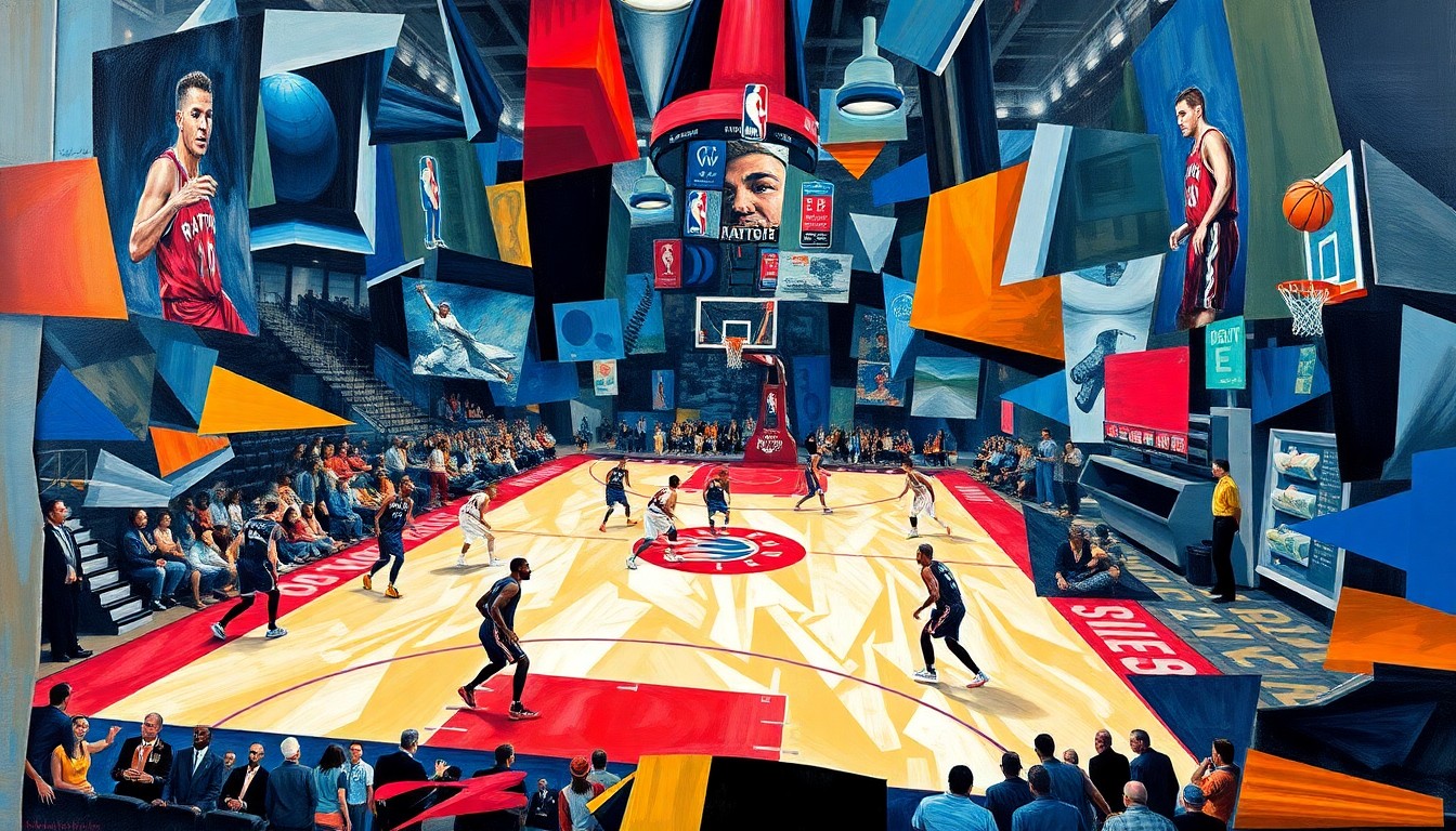 A cubist-style painting depicting a Raptors basketball game, with players and the court broken down into sharp, overlapping geometric shapes and planes, capturing the raw energy and movement of the game.
