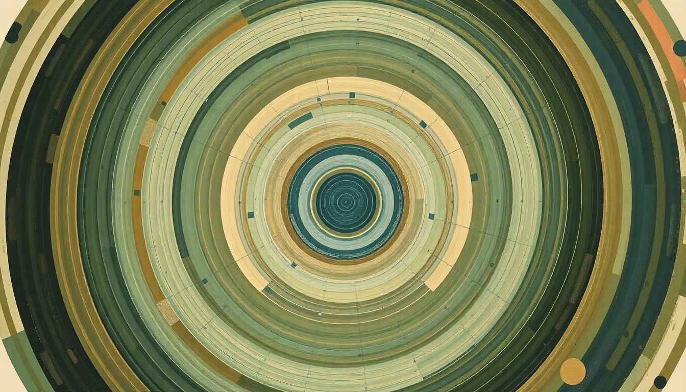 A bold, abstract painting in earthy tones of green, brown, and blue, featuring sweeping geometric arcs, concentric circles, and precise botanical spirals, conceptually representing the structural order of the universe and the potential for all to access the wonders of space exploration.