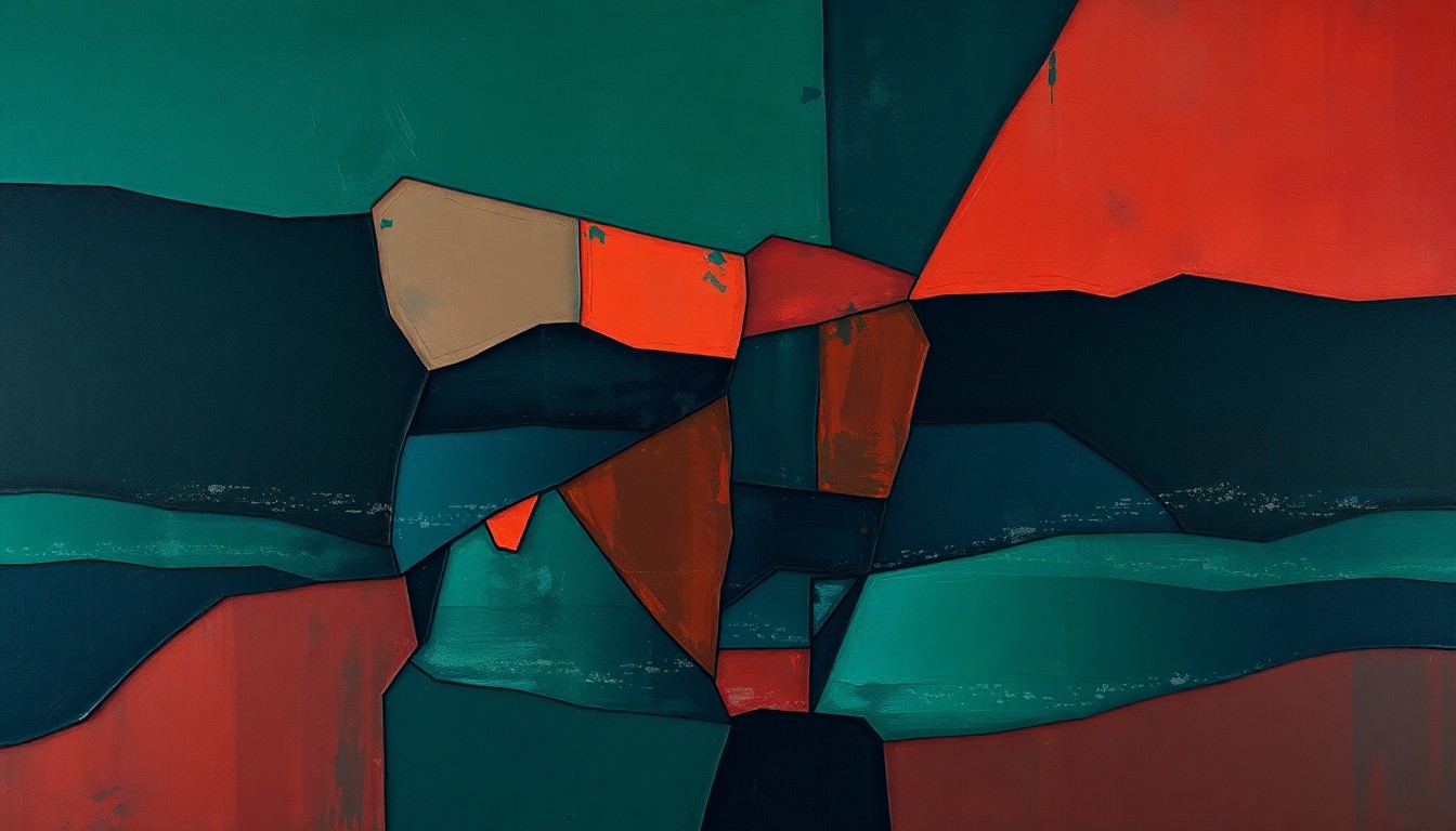 An abstract, fragmented painting in overlapping geometric shapes and waves of dark green, navy blue, and muted red, conceptually representing the divisive and contested nature of language and identity in Northern Ireland.