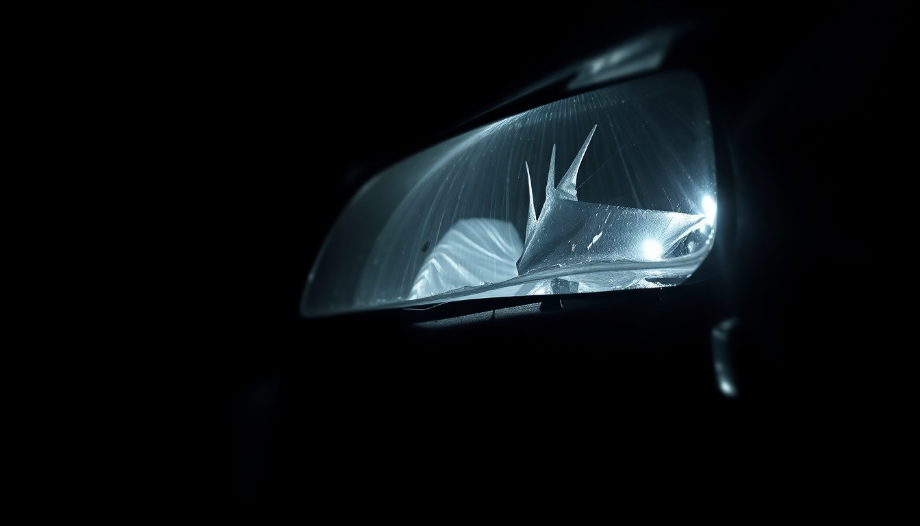 An extreme close-up photograph of a damaged car part or piece of debris from a crash site, captured with harsh, direct lighting to create a stark, gritty aesthetic that conceptually represents the investigation into the incident.