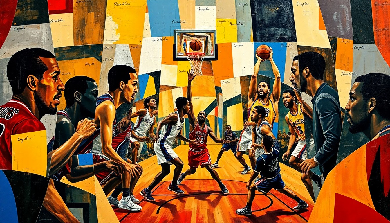 A fractured, multi-perspective painting in the abstract cubist style, with sharp, overlapping geometric planes representing a basketball game. The players' faces and identities are obscured, conveying the fleeting nature of fame and the NBA's increasing focus on strategy over individual talent.