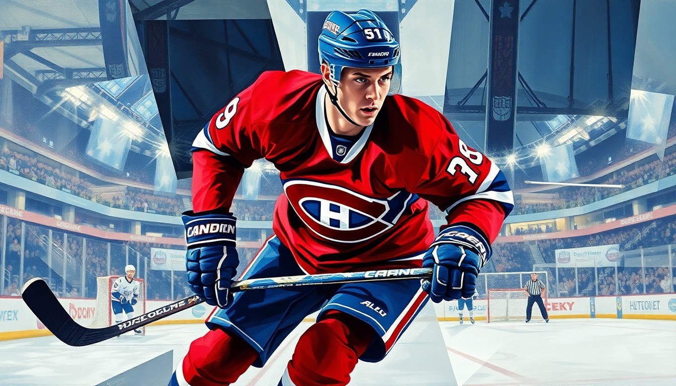 A cubist painting of a hockey player in action, with the player's jersey featuring the Canadiens logo and the background showing the rink and arena. The image is broken down into sharp, overlapping geometric planes, capturing the dynamic movement of the sport.