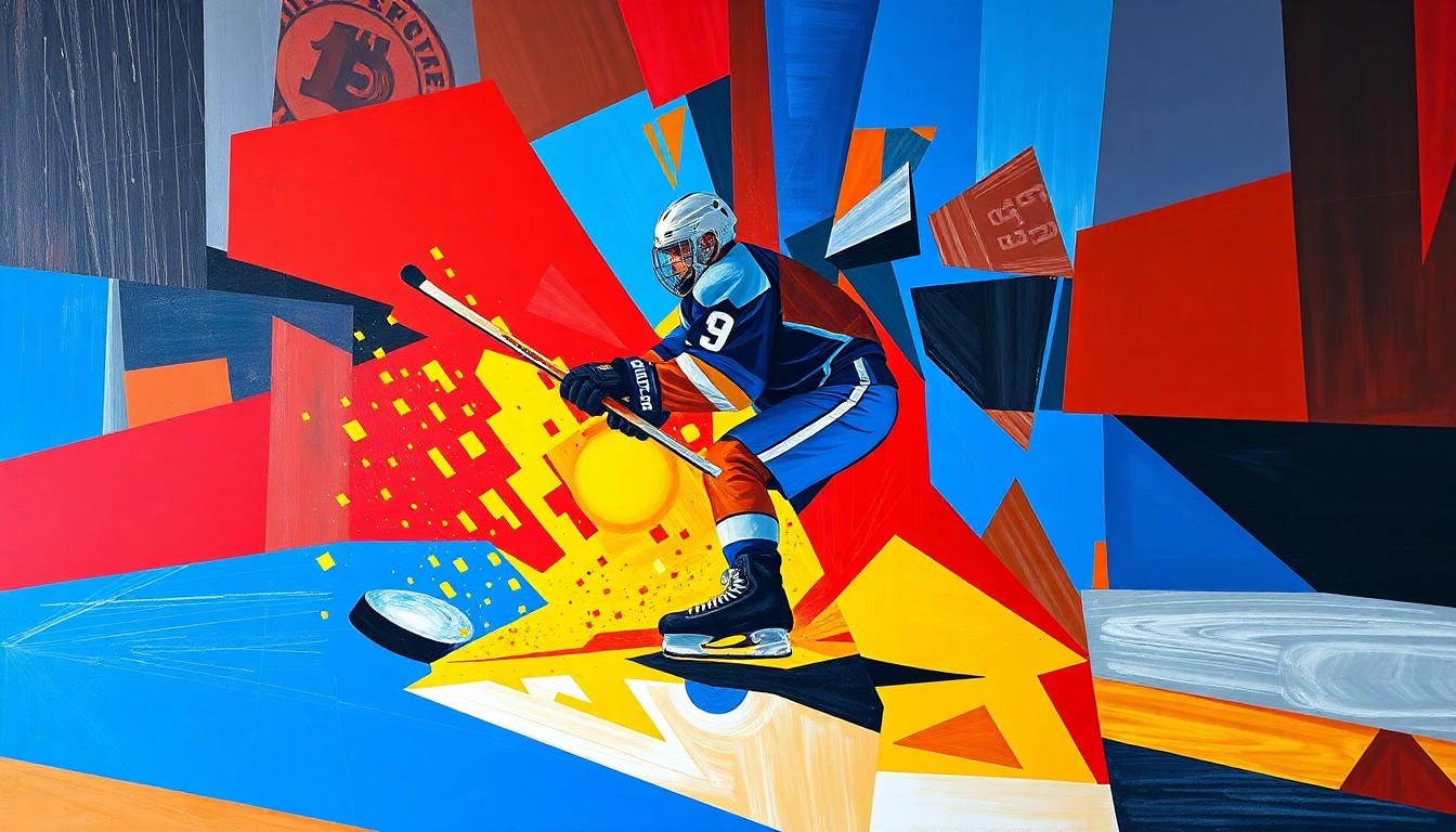 A cubist, geometric painting depicting a hockey player scoring a goal, with sharp, overlapping planes of vibrant colors like red, blue, and yellow, capturing the dynamic energy of the moment.