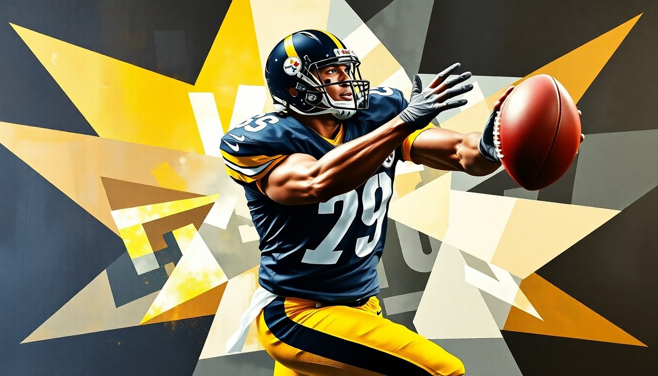 A cubist, geometric painting depicting a football player making a contested catch, with sharp, overlapping planes of black, gold, and white representing the Pittsburgh Steelers' colors.