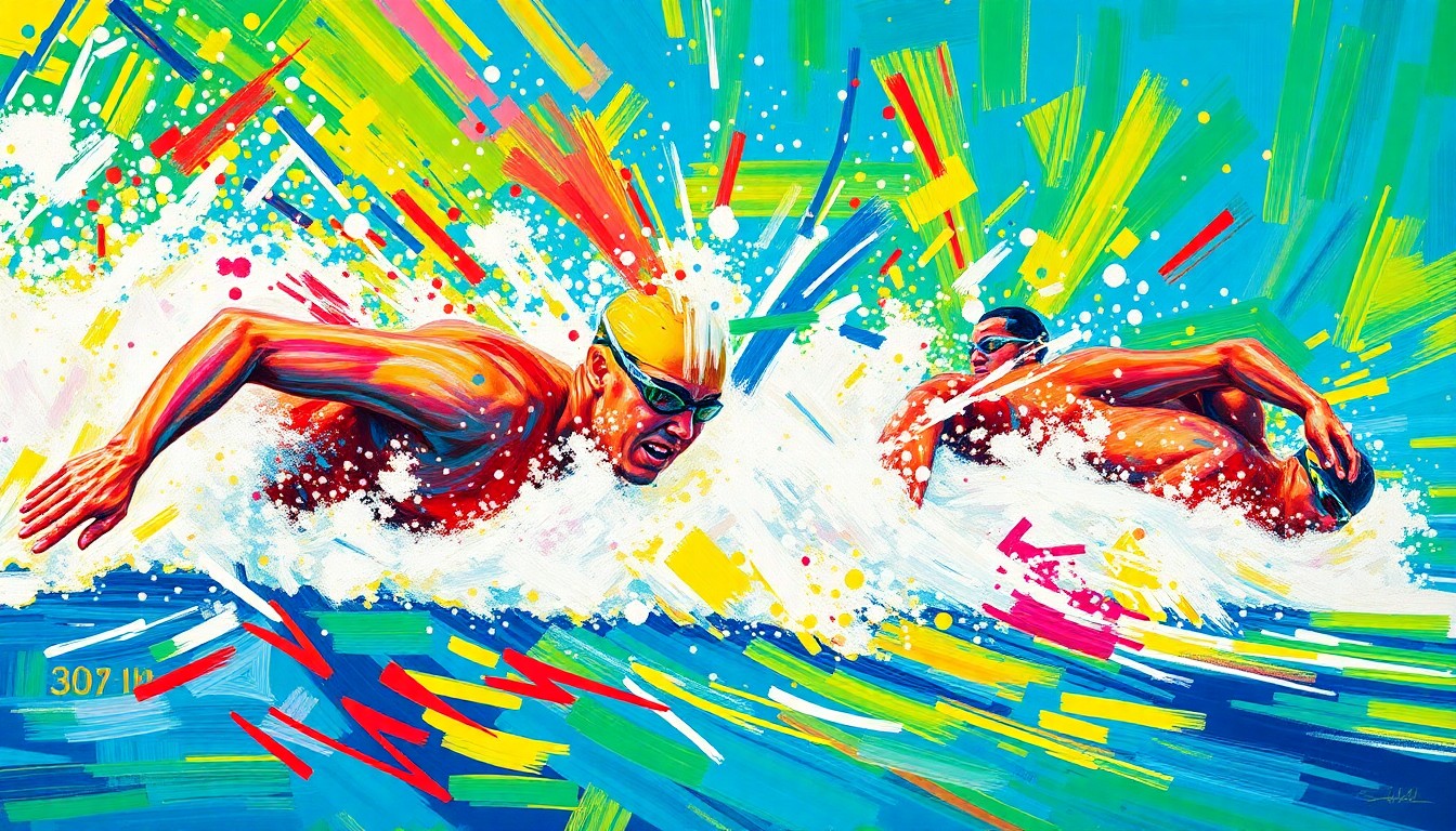 An abstract, energetic painting in neon colors depicting the fluid, dynamic movements of swimmers competing in a 400 IM race, with no recognizable faces or identifiable elements.