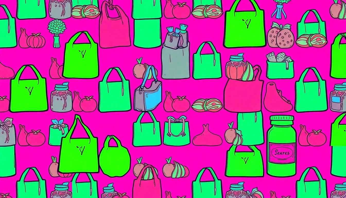 A highly stylized, colorful grid of silkscreen-printed images of reusable grocery bags, organic produce, and glass jars, conceptually representing the community-focused values and products of a local natural foods cooperative.