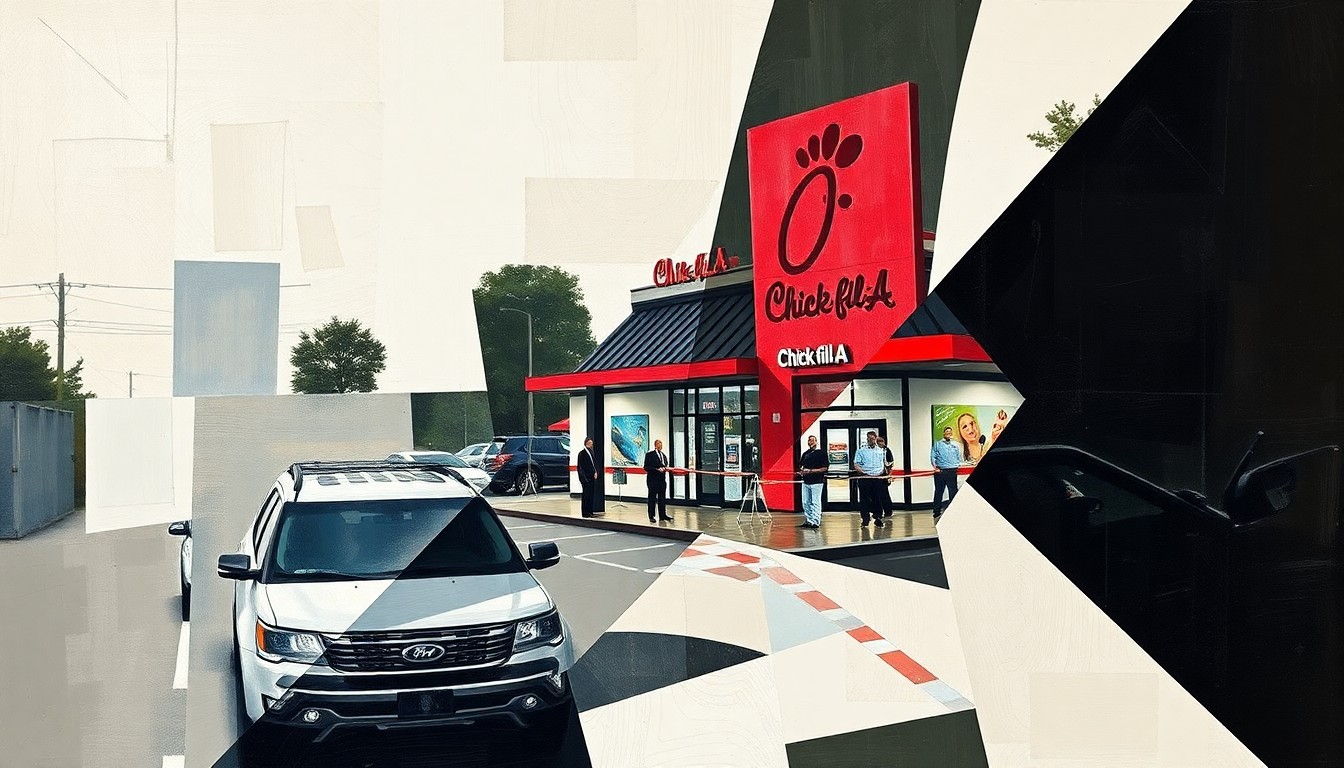 A cubist-style painting depicting a fragmented, multi-angled view of a shooting incident at a Chick-fil-A restaurant, with sharp geometric shapes and planes representing the disruption and aftermath of the event.