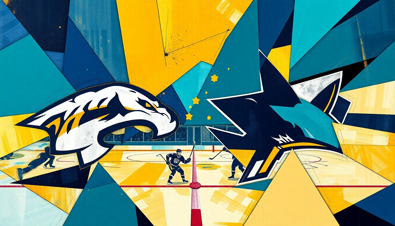 A cubist-style painting depicting a hockey game between the Nashville Predators and San Jose Sharks, with the players and action broken down into sharp, overlapping geometric shapes in vibrant navy blue, teal, and gold tones.