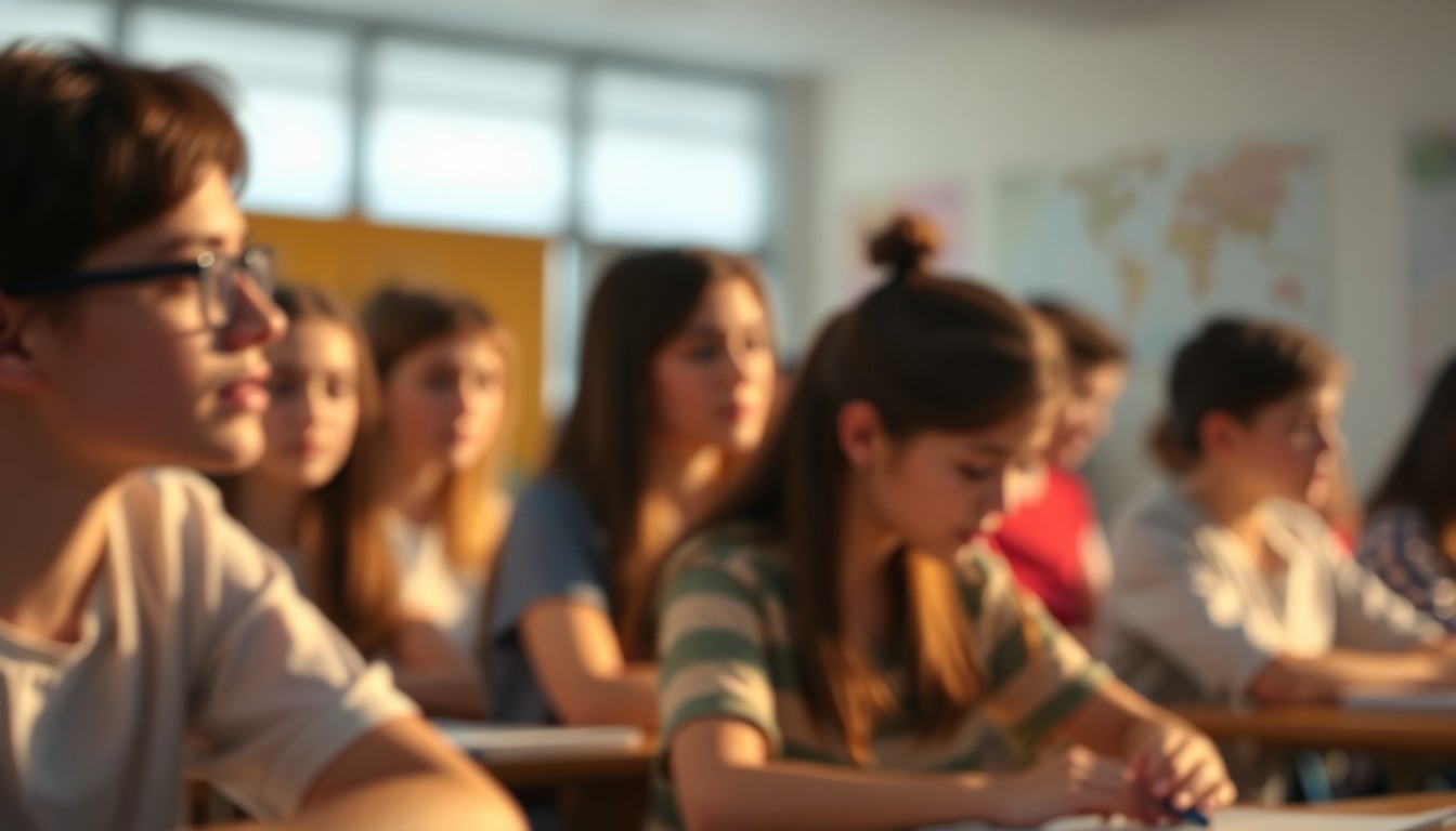 An abstract, out-of-focus scene depicting the warm, intimate atmosphere of a classroom, with blurred shapes and figures representing students engaged in learning.