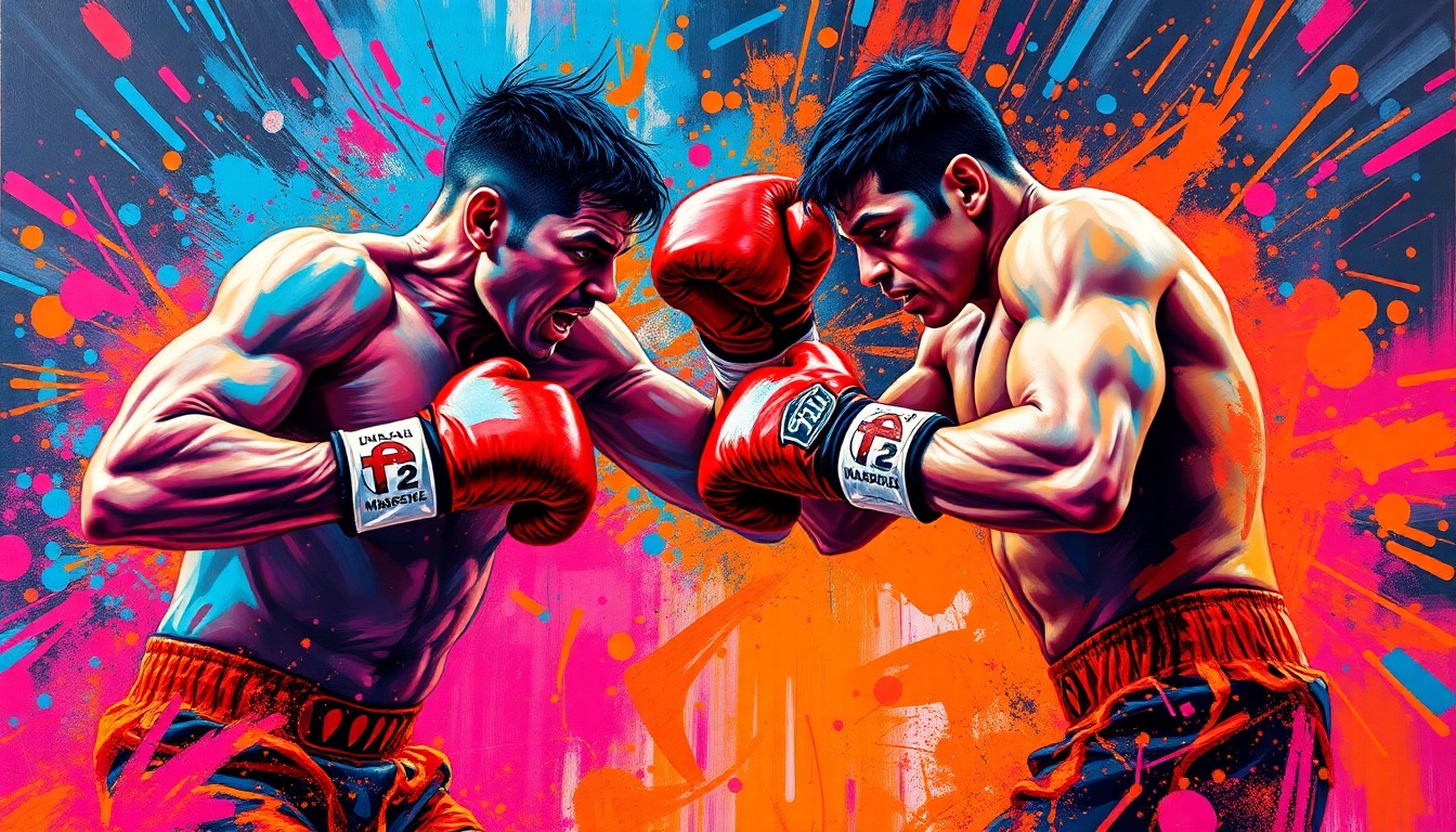 An abstract, expressionist painting in vibrant neon colors capturing the intense energy and movement of a boxing match, with the fighters' forms dissolving into dynamic brushstrokes and splatters of paint.