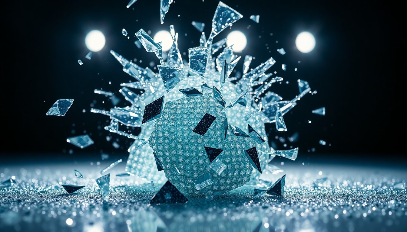 An abstract close-up image featuring shattered glass and glittering sequins, captured in dramatic, high-contrast studio lighting to convey the glamour and controversy of celebrity culture.