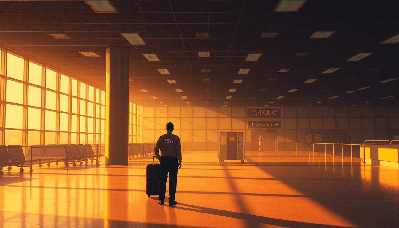 A cinematic painting depicting a lone TSA agent standing in an empty airport terminal, the space bathed in warm, dramatic lighting and deep shadows, conceptually illustrating the human impact of the ongoing political gridlock.
