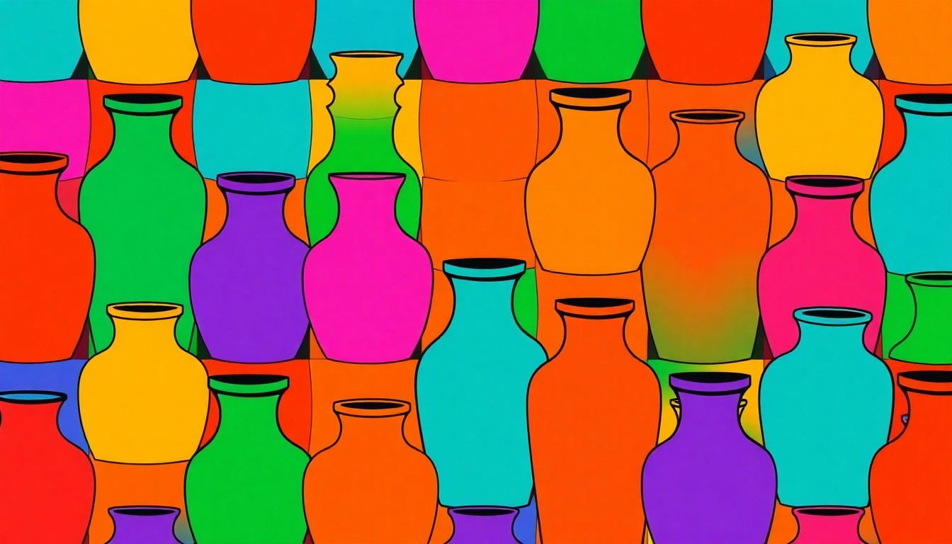 A bold, colorful silkscreen-style illustration featuring a repeating pattern of a ceramic pottery vase in bright, neon-like hues, capturing the vibrant energy and creative expression of the local community.