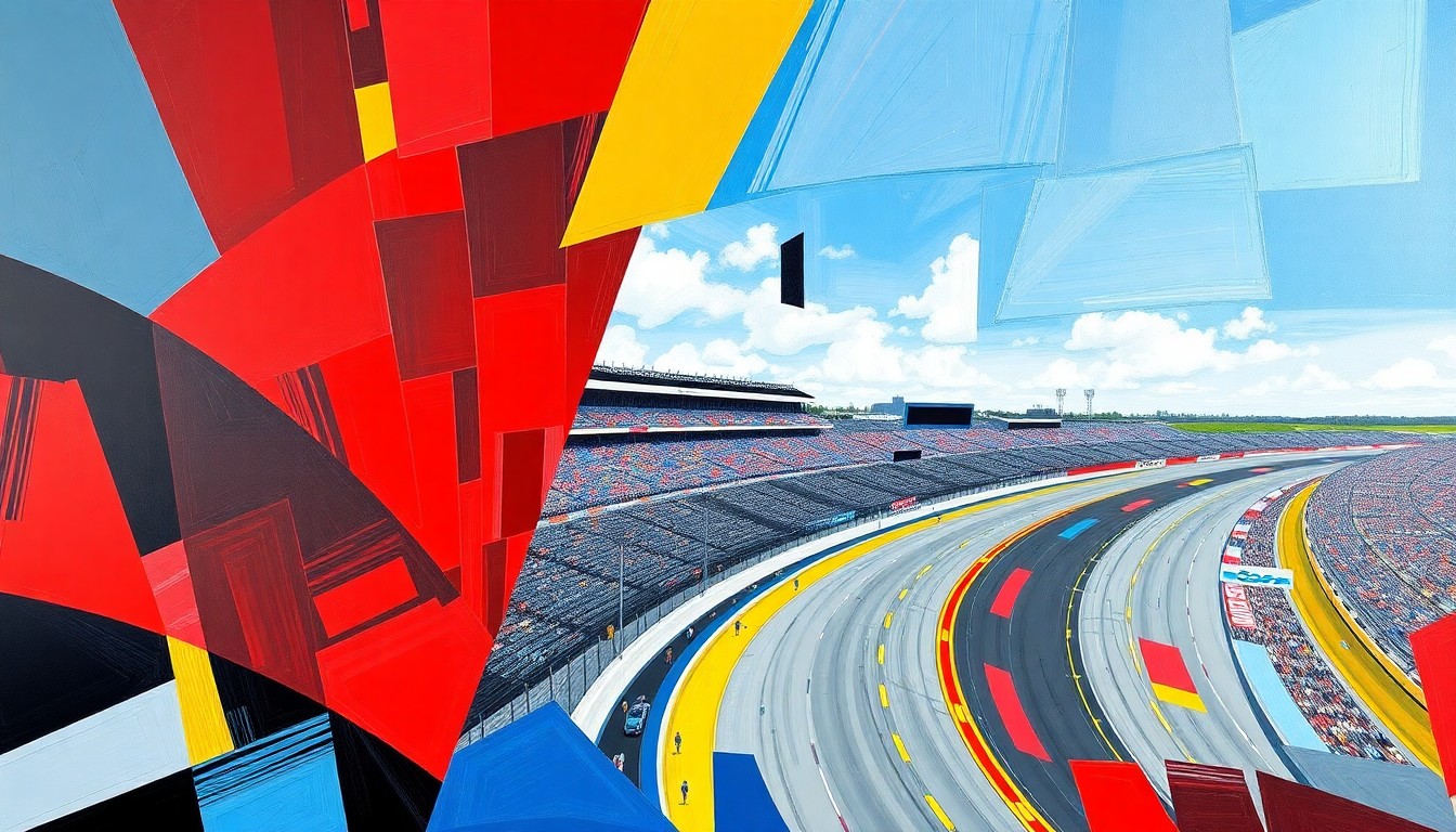 A cubist, geometric painting depicting the Bristol Motor Speedway racetrack and the qualifying action, with sharp, overlapping planes of vibrant red, blue, and yellow colors representing the speed and intensity of NASCAR racing.