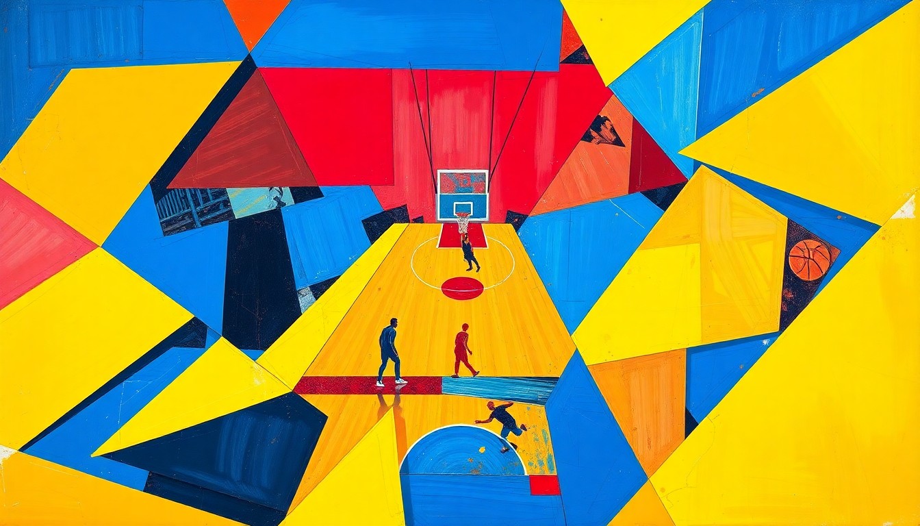 A cubist, geometric painting depicting a basketball game or match, with sharp, overlapping planes of color representing the dynamic action on the court.