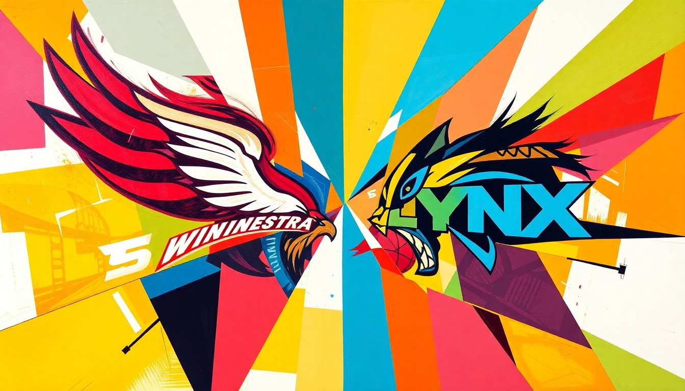 A fractured, cubist-style painting depicting a WNBA basketball game or match, with sharp, overlapping geometric planes in the official team colors of the Dallas Wings and Minnesota Lynx, conceptually representing the evolving landscape of the league.