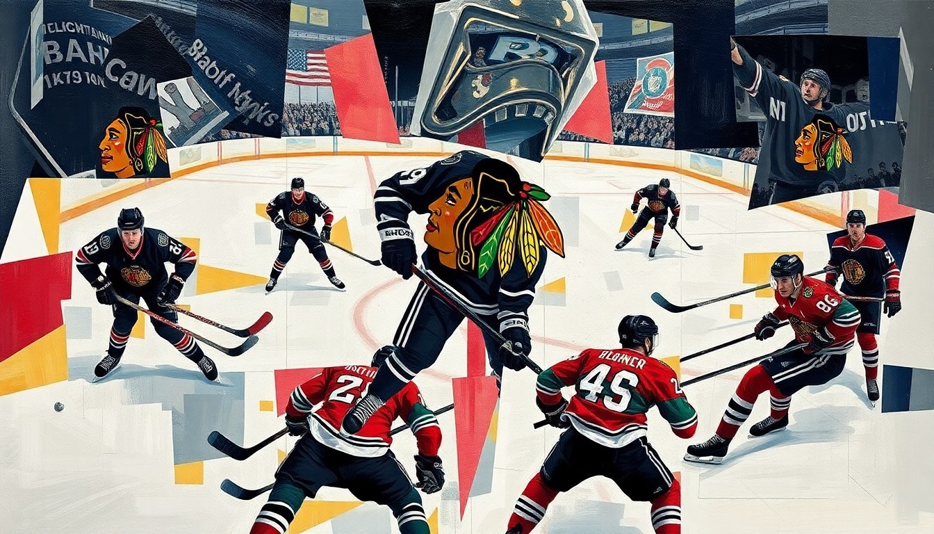 A cubist, geometric painting depicting a Chicago Blackhawks hockey game, with the players' forms broken down into sharp, overlapping planes of color and shape, capturing the dynamic energy and movement of the sport.