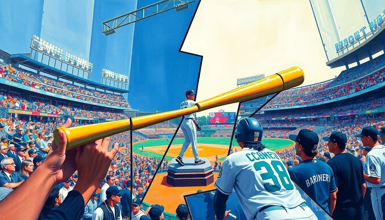 A fractured, multi-perspective painting in bold, geometric shapes and vibrant colors, depicting the broken bat at the center of the Ichiro statue unveiling ceremony, with the surrounding crowd and Ichiro's iconic batting stance deconstructed into an abstract, cubist composition.