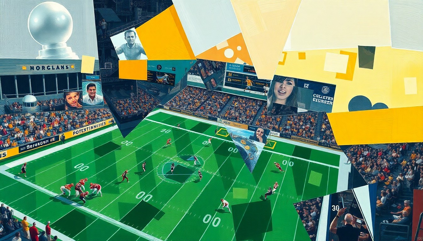 A fragmented, geometric painting depicting a college football game or competition, with players and field elements broken down into sharp, overlapping planes of color and shape, conveying the conceptual tension and complexity of a coach's transition between programs.