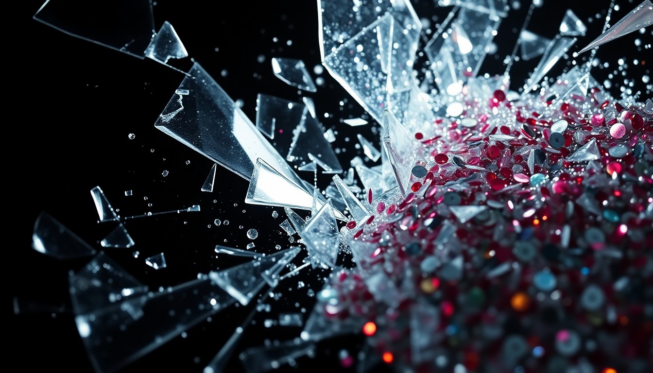 An extreme close-up of shattered glass and glittering sequins, capturing the dramatic tension and clashing perspectives in the entertainment industry controversy.