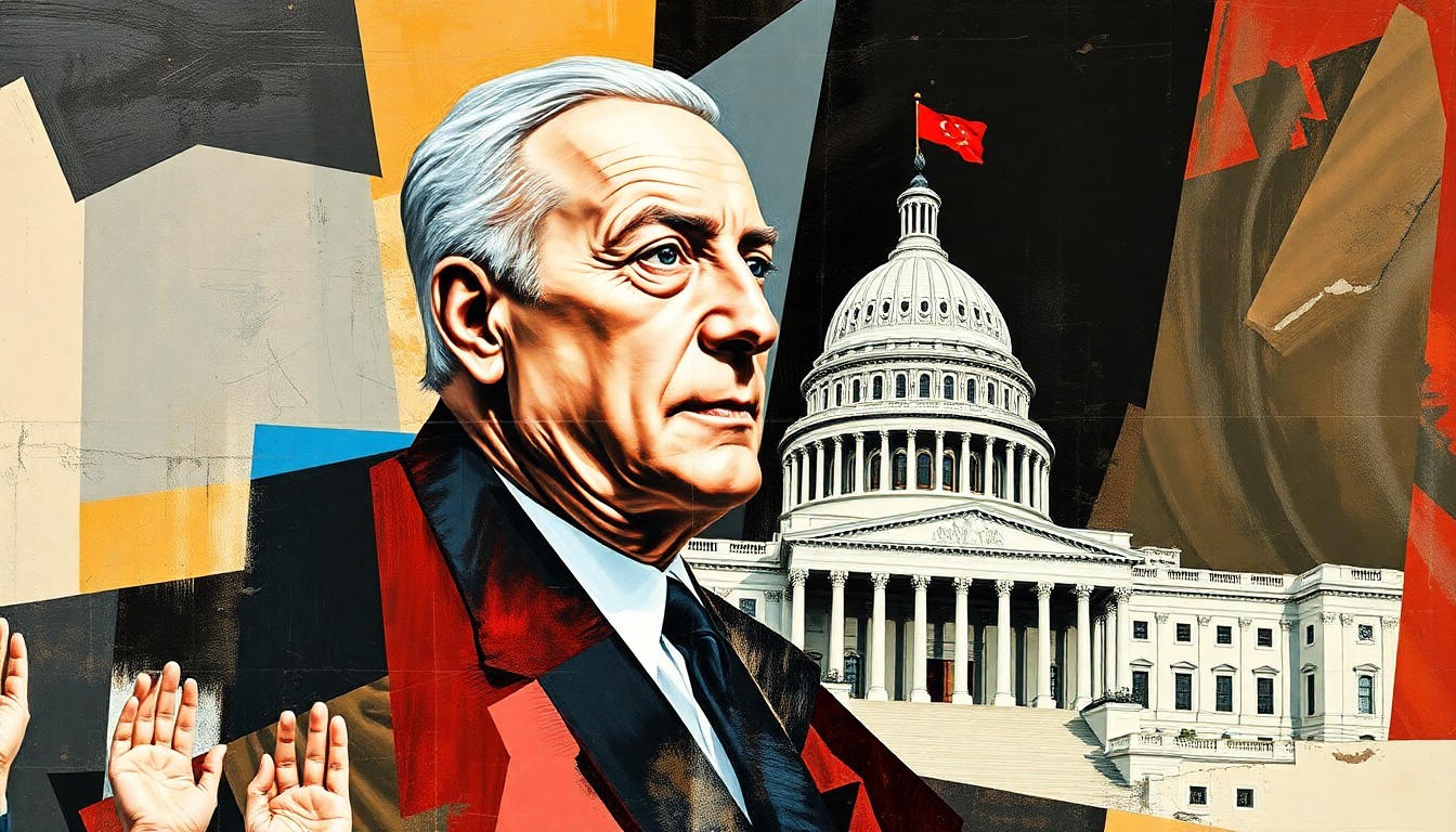 An abstract, fragmented painting in shades of blue, red, and yellow, depicting an overlapping, geometric representation of a government building or political figure, conveying a sense of motion and energy.