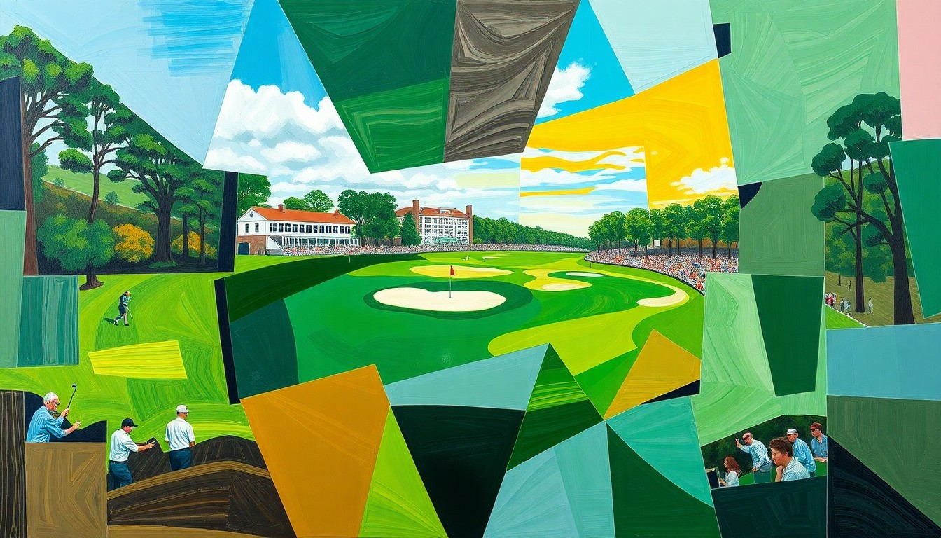 A fractured, geometric painting depicting a golf tournament scene at Augusta National, with sharp, overlapping planes of color representing the course's demanding conditions.