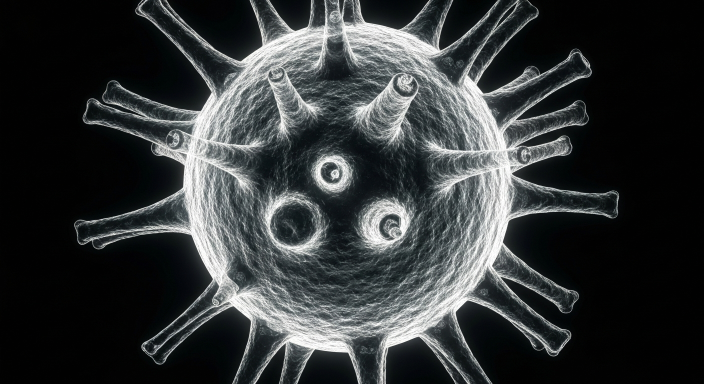A ghostly, translucent X-ray image showing the detailed internal structure of a microscopic virus particle, with its intricate shapes and forms glowing against a dark background, conveying the complex challenge of developing a vaccine for this deadly disease.