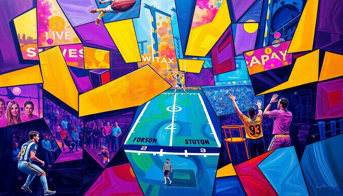 A cubist-style painting featuring sharp, overlapping geometric shapes in deep purple, bright gold, and electric blue, conceptually representing the fragmented nature of the Vikings' offseason roster moves.