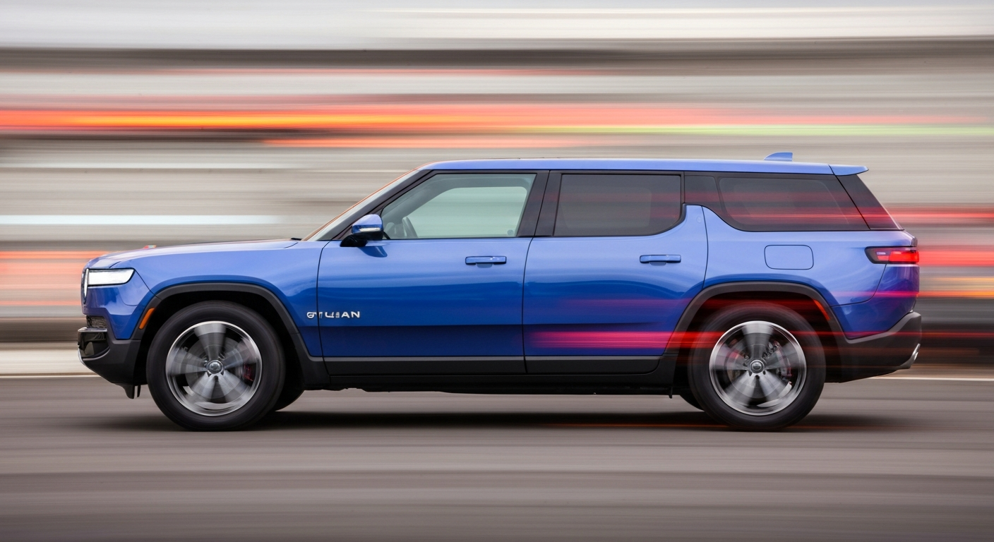 An abstract, colorful image created with motion blur techniques, depicting a Rivian R2 electric SUV in dynamic, sweeping brushstrokes that convey a sense of speed and modern engineering.