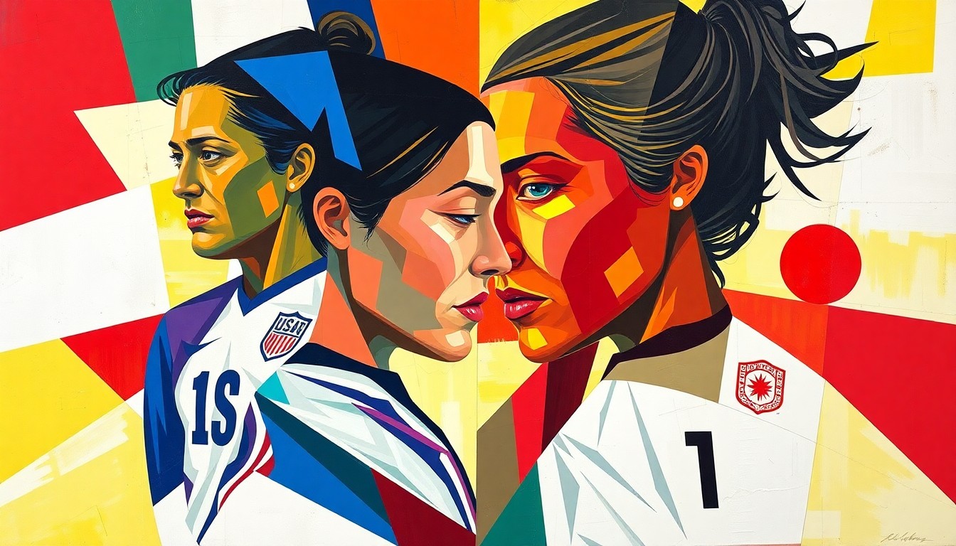 A cubist-style painting depicting the USWNT vs. Japan soccer match, with players' forms broken down into overlapping geometric shapes and planes in vibrant colors, capturing the energy and intensity of the game.